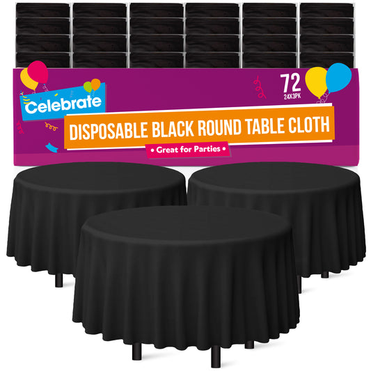 Bulk 72-Pack Black Round Table Cloth Disposable 140cm Halloween Party Round Tablecloths For Circular Table Cloth Round Table Cloths Circular Tablecloth Black Round Table Cloth Round Tablecloth (24x3pk)
