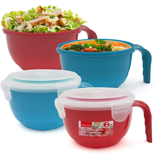 Microwave Soup Bowl with Lid & Handle 900ml | Food Noodle Mug Cup | 2 Pack