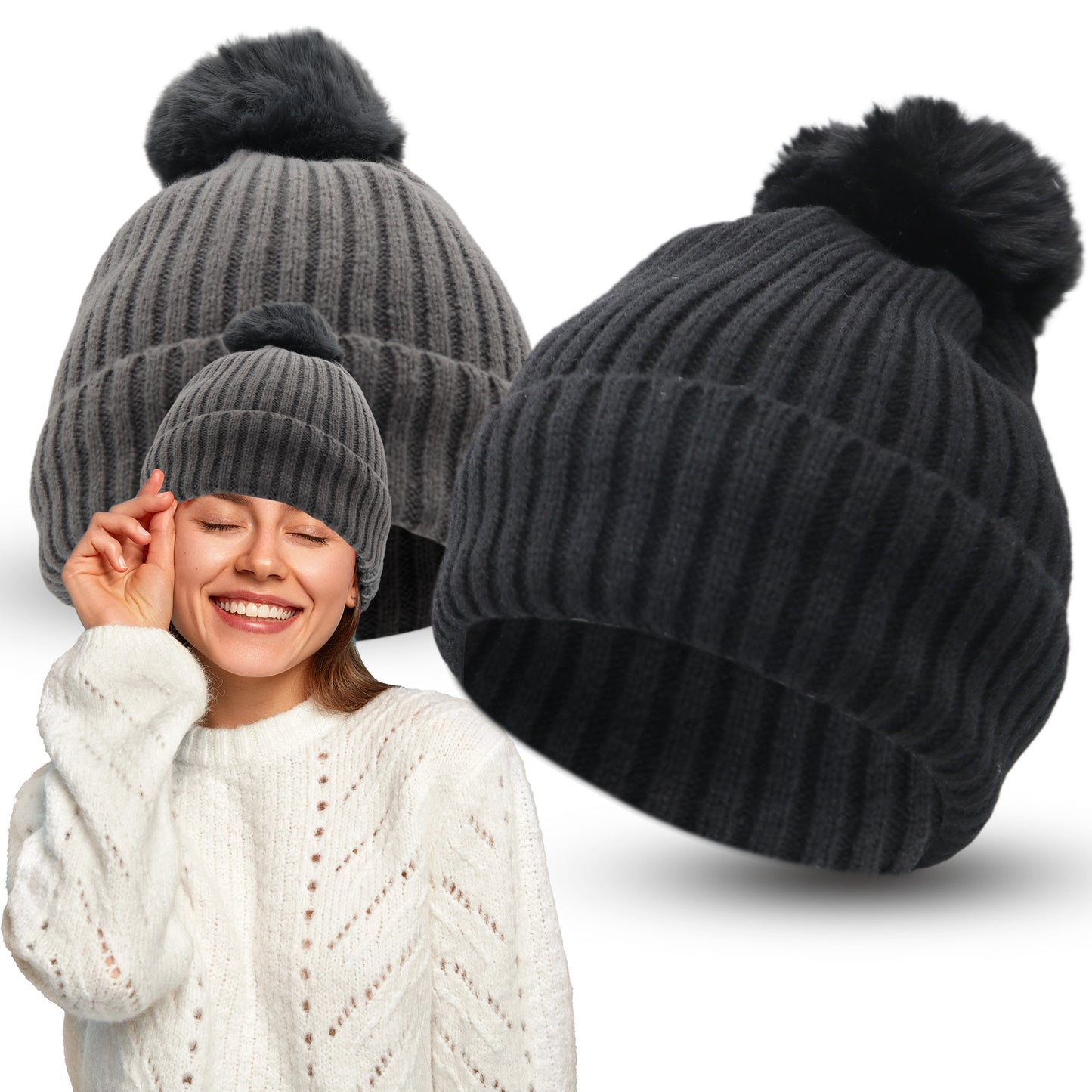 Black knit beanie with pom-pom and gray knit beanie with pom-pom on a white background.