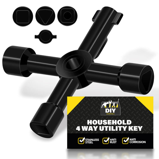 Black 4-way utility key with packaging on a white background