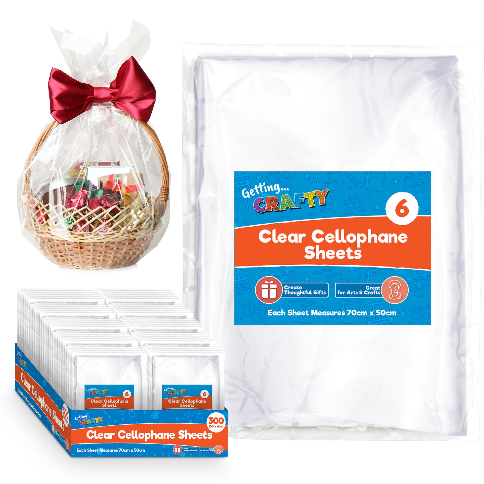 Bulk 300pk of 50x70cm Clear Cellophane Wrap for Hampers, Flower Cellophane Wrap Clear Wrapping Paper for Hamper Wrapping Cellophane Clear Wrap Hamper Clear Gift Wrap Plastic Wrap For Hampers (50x6pk)