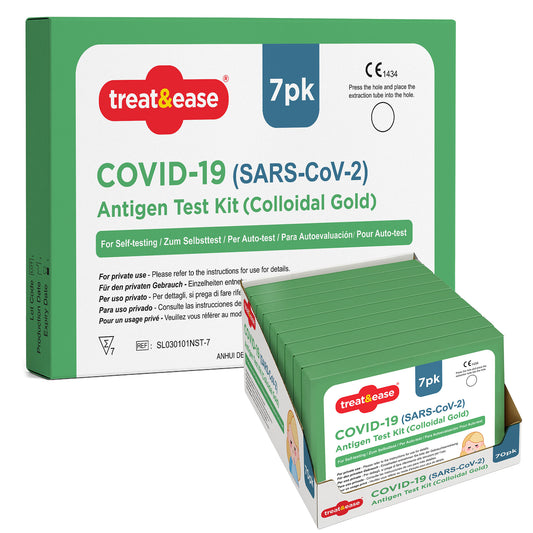 Treat & Ease COVID-19 antigen test kit packaging on a white background