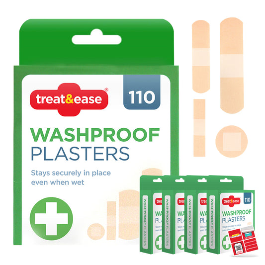 Packaging of treat“ease washproof plasters with plasters displayed on a white background