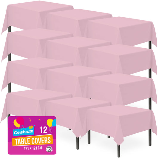Pink Table Cloths Party 121x121cm | Plastic Disposable Cover | 12 Pack