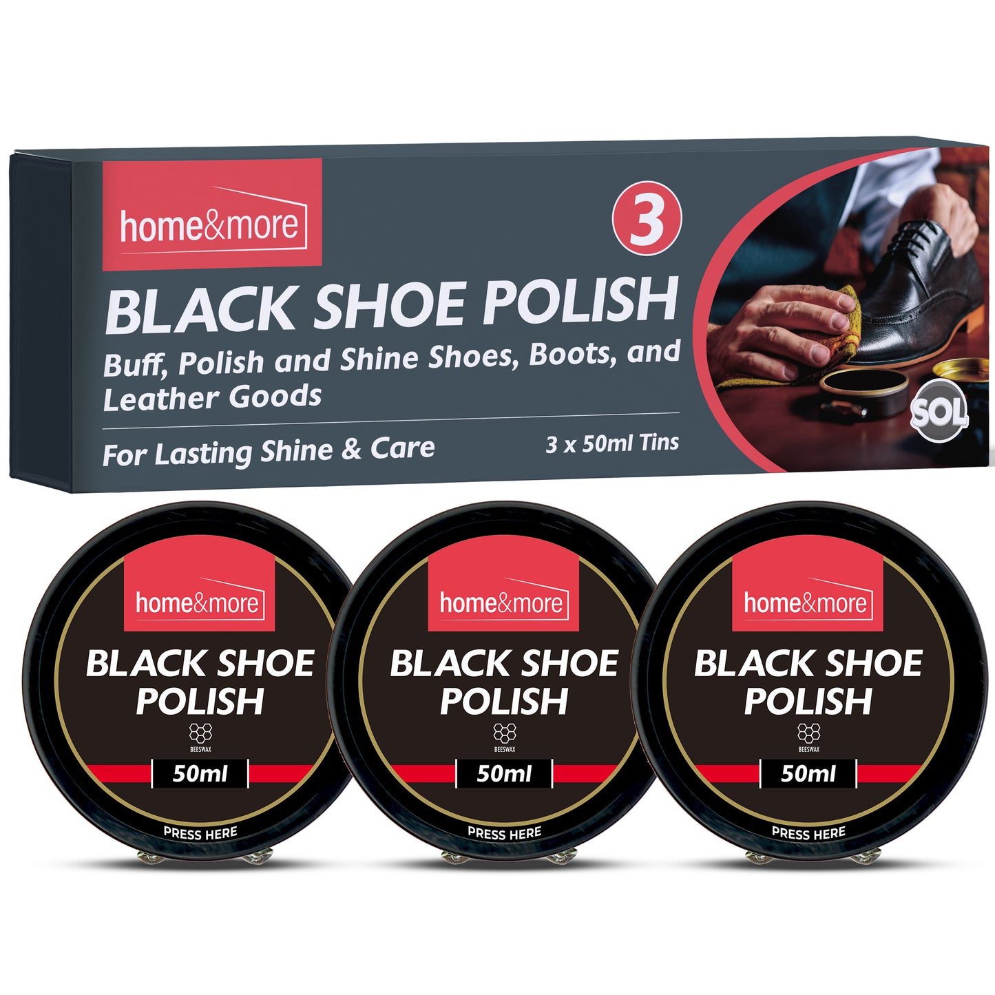 Wax Shoe Polish Black 50ml | Leather Boot Cleaner | 3 Pack