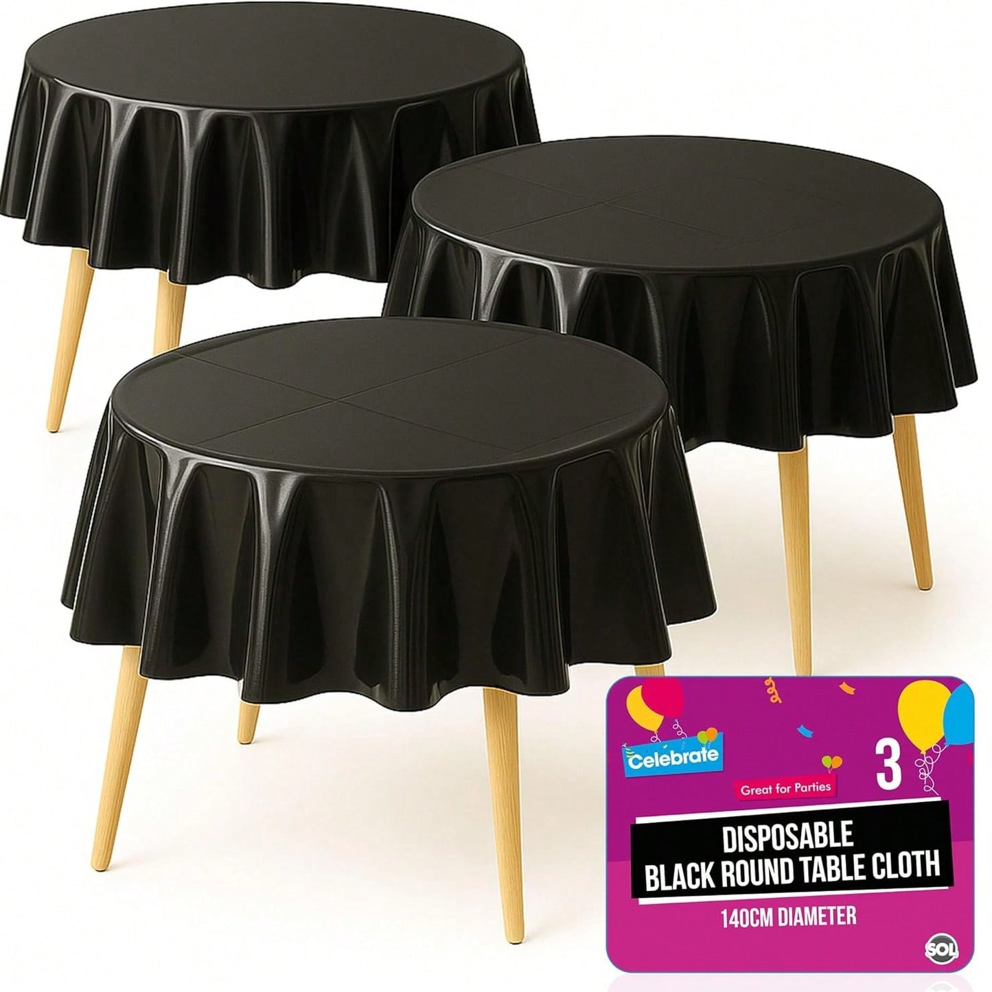 SOL 3pk Black Round Table Cloth Disposable 140cm Party Tablecloths For Circular Table - Durable Spill Protection - Perfect For Weddings, Buffets, Catering, Restaurants & Outdoor Events