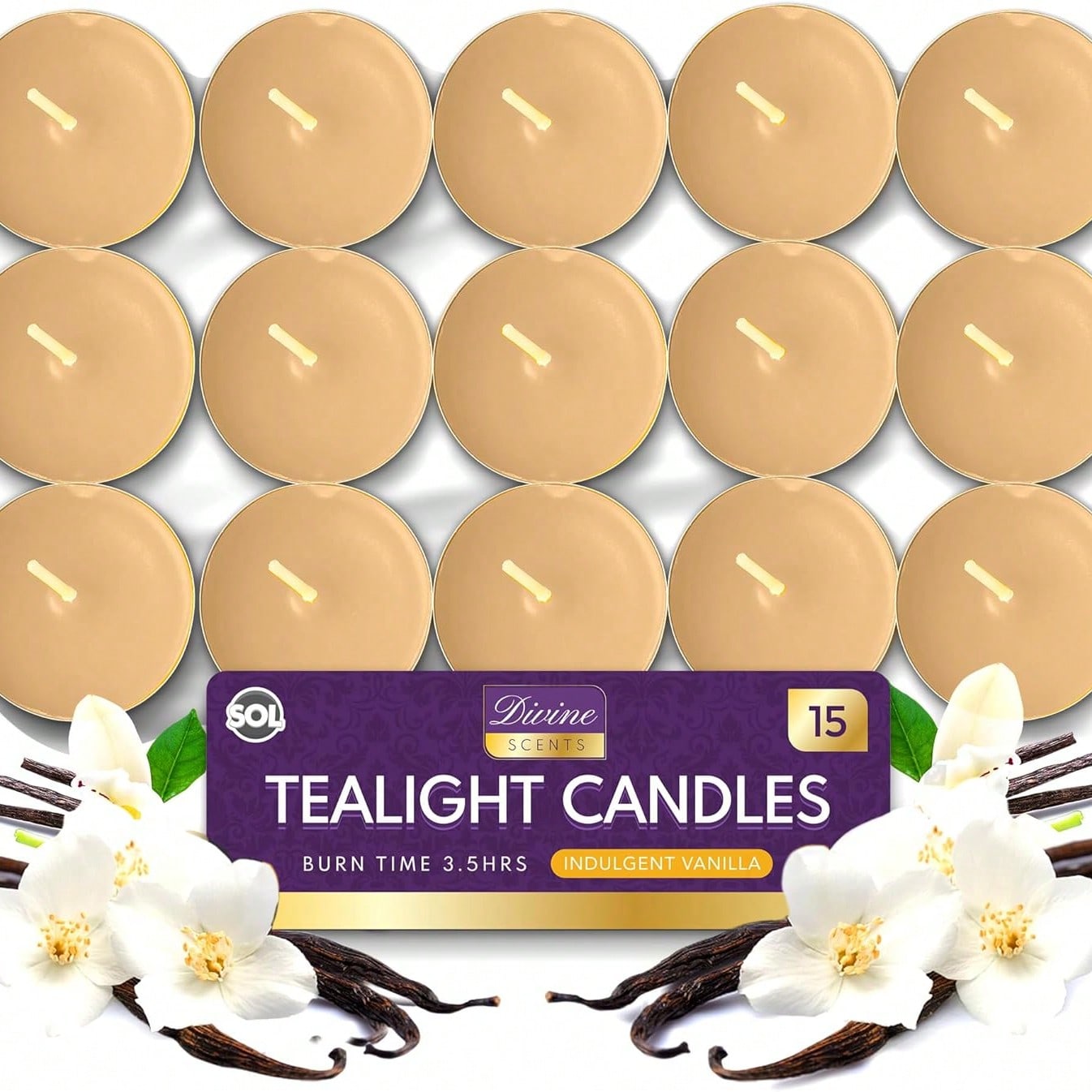 SOL 15pk Tea Light Candles Indulgent Vanilla – 3.5 Hour Burn Time, Scented Tea Lights Candles, Long-Lasting & Ideal Home Decor, Relaxation, Romantic Dinners, Weddings, Cosy Evenings & Special Occasion