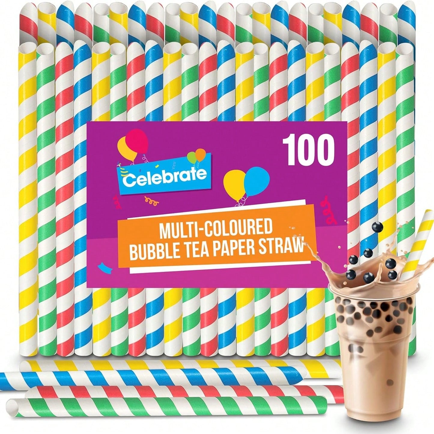 SOL 100pk Multi-Coloured Bubble Tea Paper Straws - Large Boba Straws For Milkshakes & Smoothies - Sturdy, Spiral Design In Yellow, Green, Red & Blue - Perfect For Home, Parties, Or Commercial Use