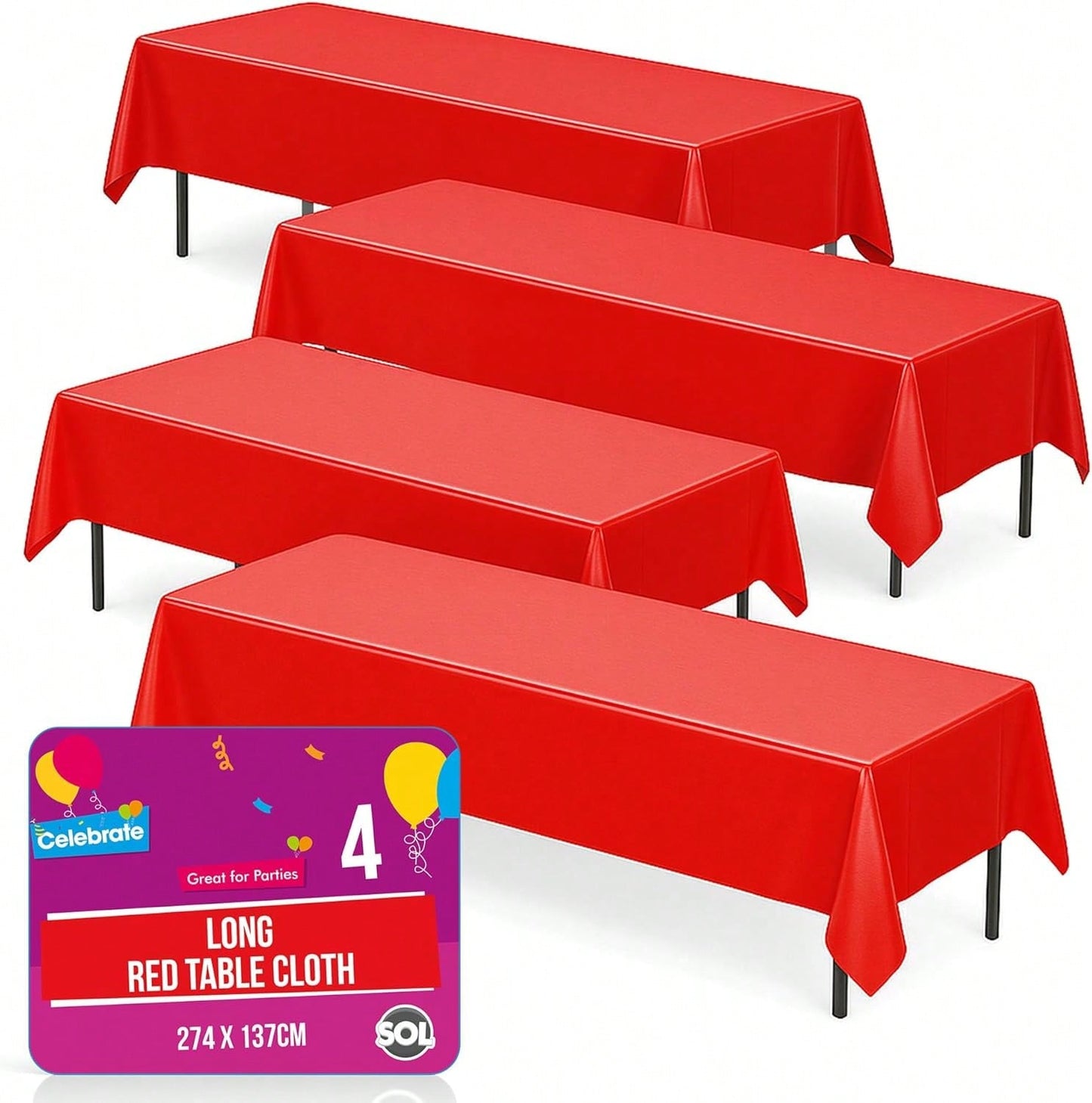 SOL 4pk Long Red Table Cloth Party 274x137cm Plastic Cover Disposable Tablecloths For Parties - Spill Protection - Great For Weddings, Buffets, Catering, Restaurants, Outdoor Events & Celebrations