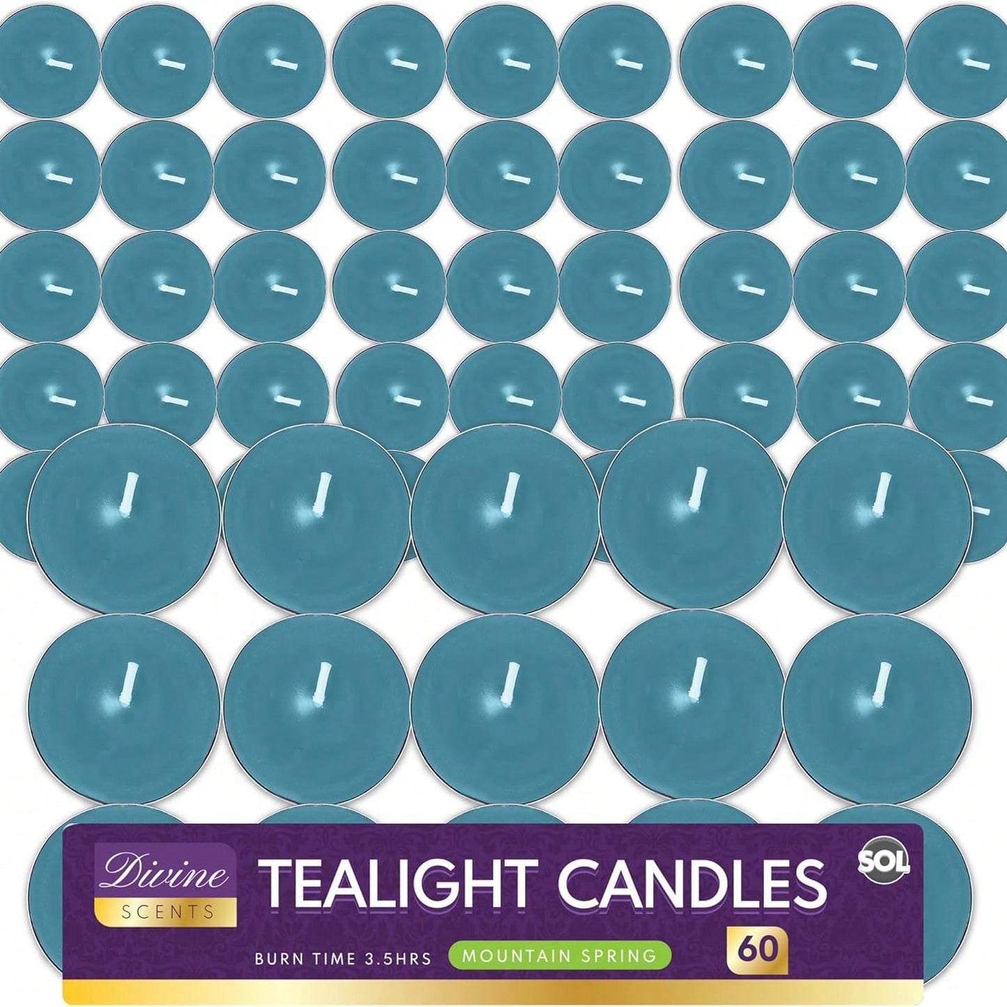SOL 60pk Tea Light Candles Mountain Spring – 3.5 Hour Burn Time, Scented Tea Lights With A Refreshing Fragrance - Ideal For Home, Relaxation, Romantic Dinners, Weddings, Festive Decor, Cosy Evenings