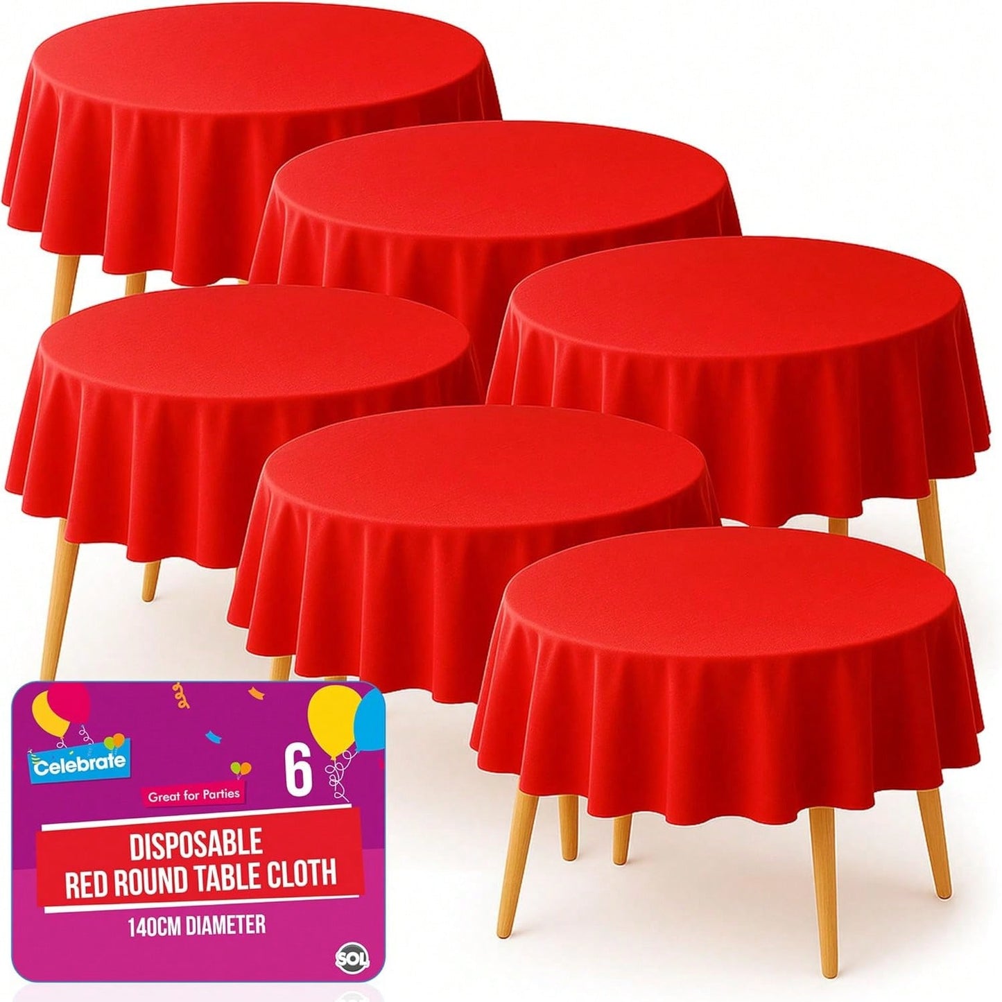 SOL 6pk Red Round Table Cloth Disposable 140cm Party Tablecloths For Circular Table Cloth Cover - Durable Spill Protection - Perfect For Weddings, Buffets, Catering, Restaurants & Special Events