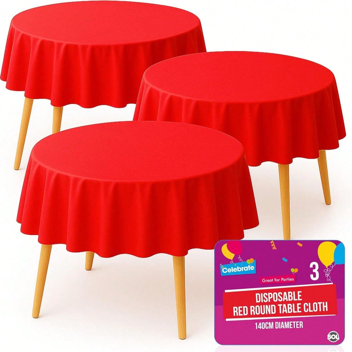SOL 3pk Red Round Table Cloth Disposable 140cm Party Tablecloths For Circular Table Cloth Cover - Durable Spill Protection - Perfect For Weddings, Buffets, Catering, Restaurants & Special Events