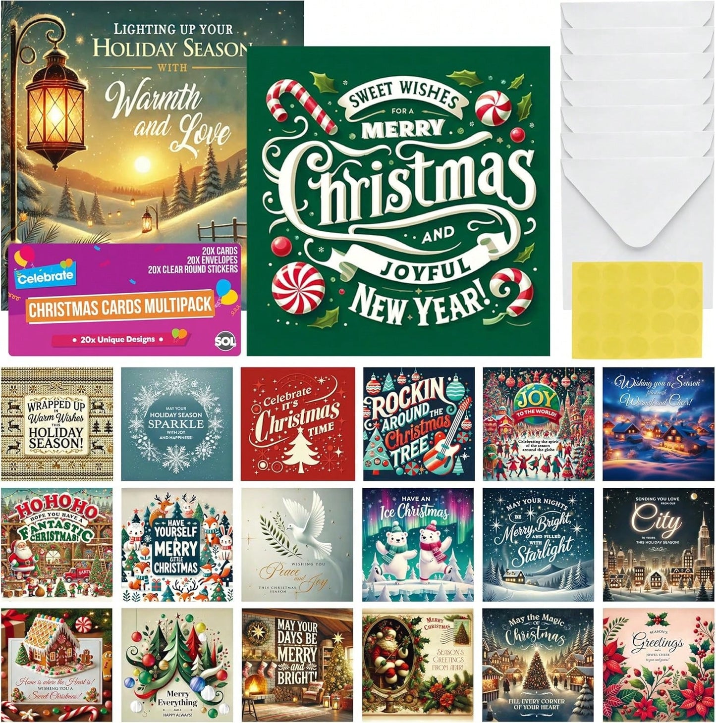 SOL 20pk Christmas Cards 2025 Multipack With Envelopes & Stickers - Santa, Gingerbread, Polar Bears Xmas Designs In Vibrant Colours Thick Premium Card Variety Pack - Easy Gifting For All
