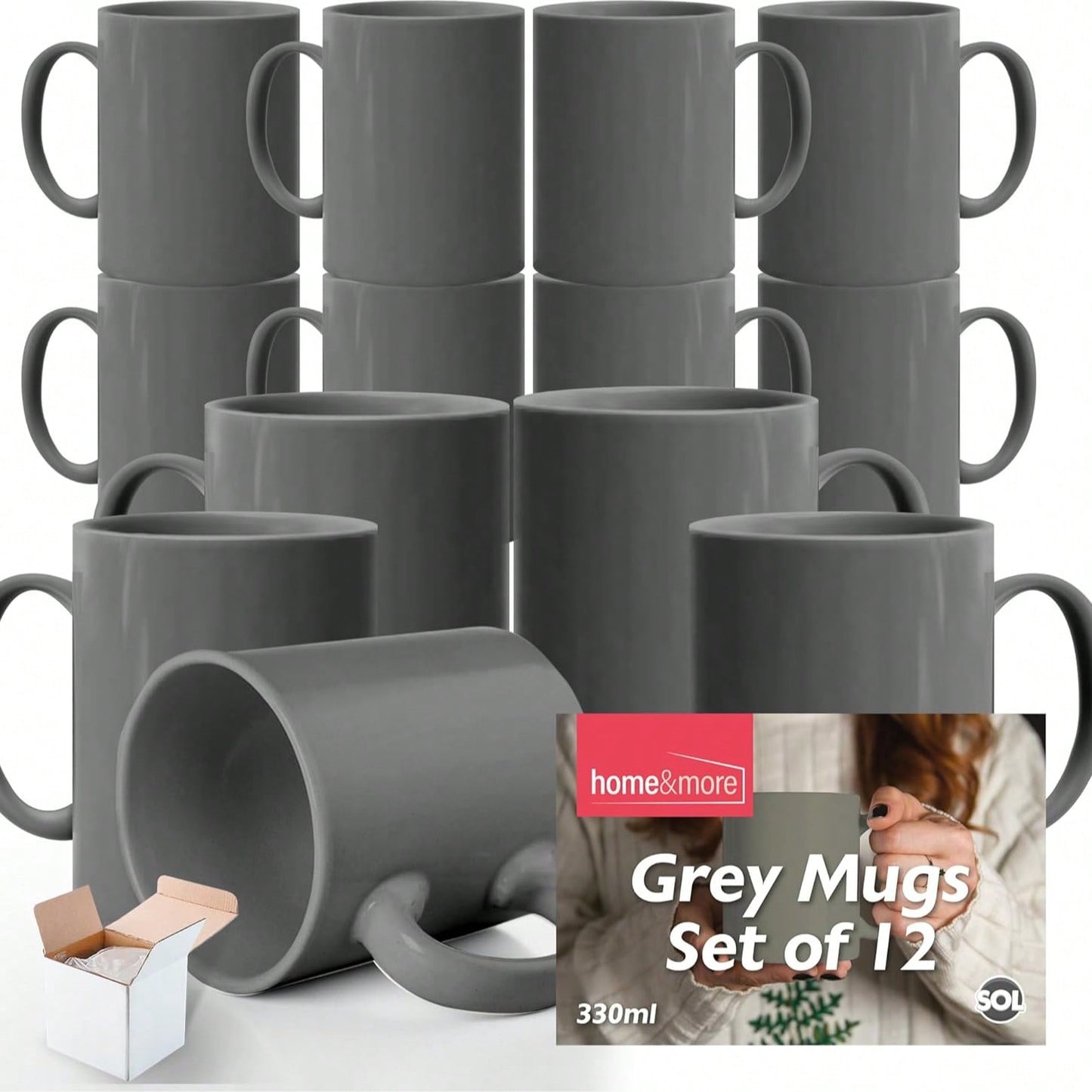 SOL Grey Mugs Set Of 12 – 330ml Coffee And Tea Cups – Durable Ceramic Drinkware For Hot Beverages, Latte, Cappuccino, Office, Home, Café, Microwave And Dishwasher Friendly