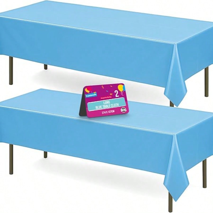 SOL 2pk Long Blue Table Cloths Party Party 274x137cm Disposable Plastic Cover. Heavy Duty Spill Protection: Opaque Design For Boys Birthdays, Christening, Communion, Gender Reveals, Weddings & Events.