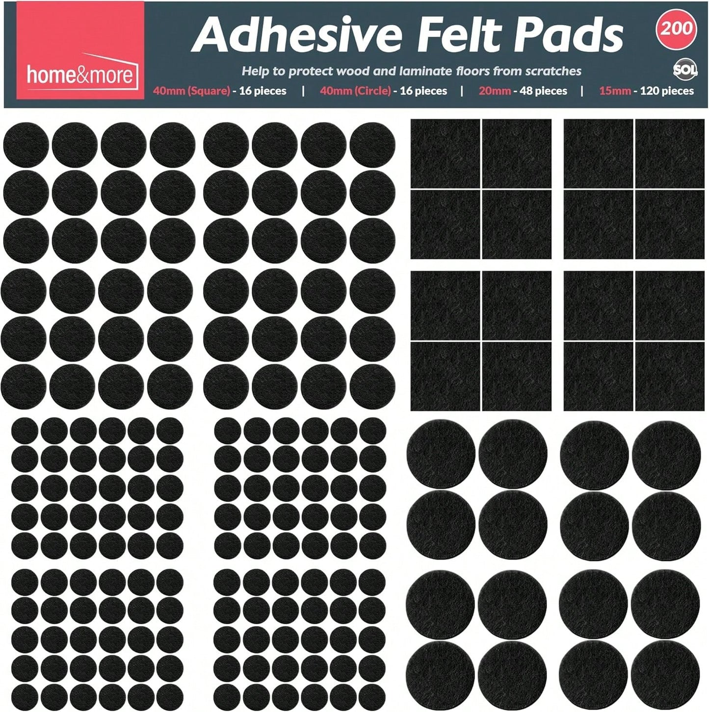 SOL 200pk Felt Pad For Furniture Feet – Felt Floor Protectors For Chairs & Furniture Legs – Chair Leg Floor Protectors To Protect Hardwood Floors