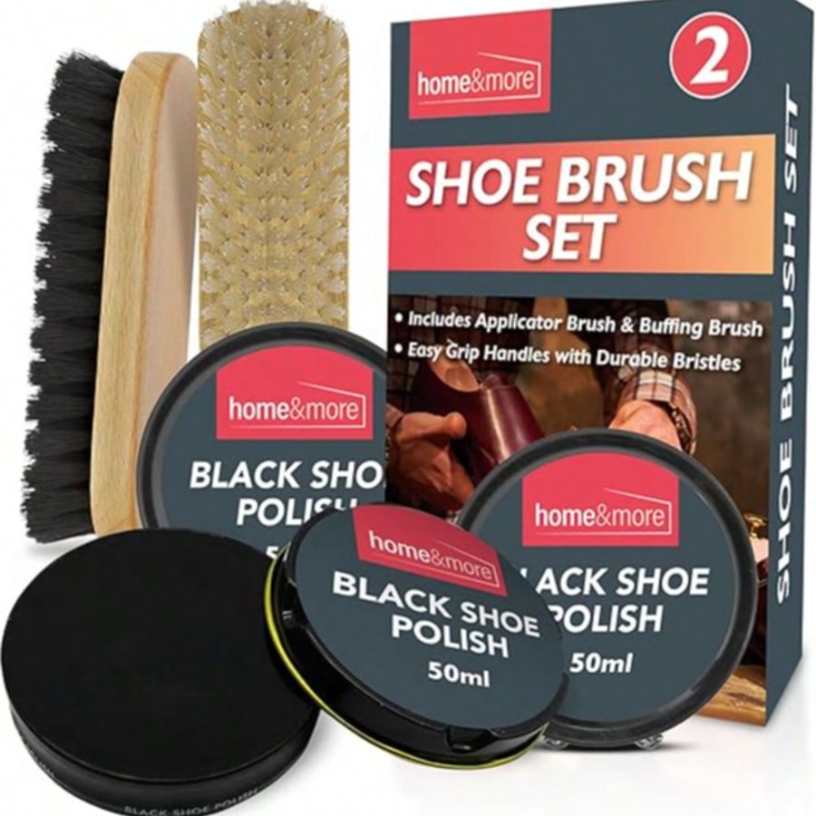 SOL 2pk Shoe Brush Set & 3 Black Shoe Polish – Leather Boot Polish Kit – Includes Soft & Stiff Brushes, 3 Wax Tins For Leather Care, Cleaning, Conditioning, Shine & Scuff Covering