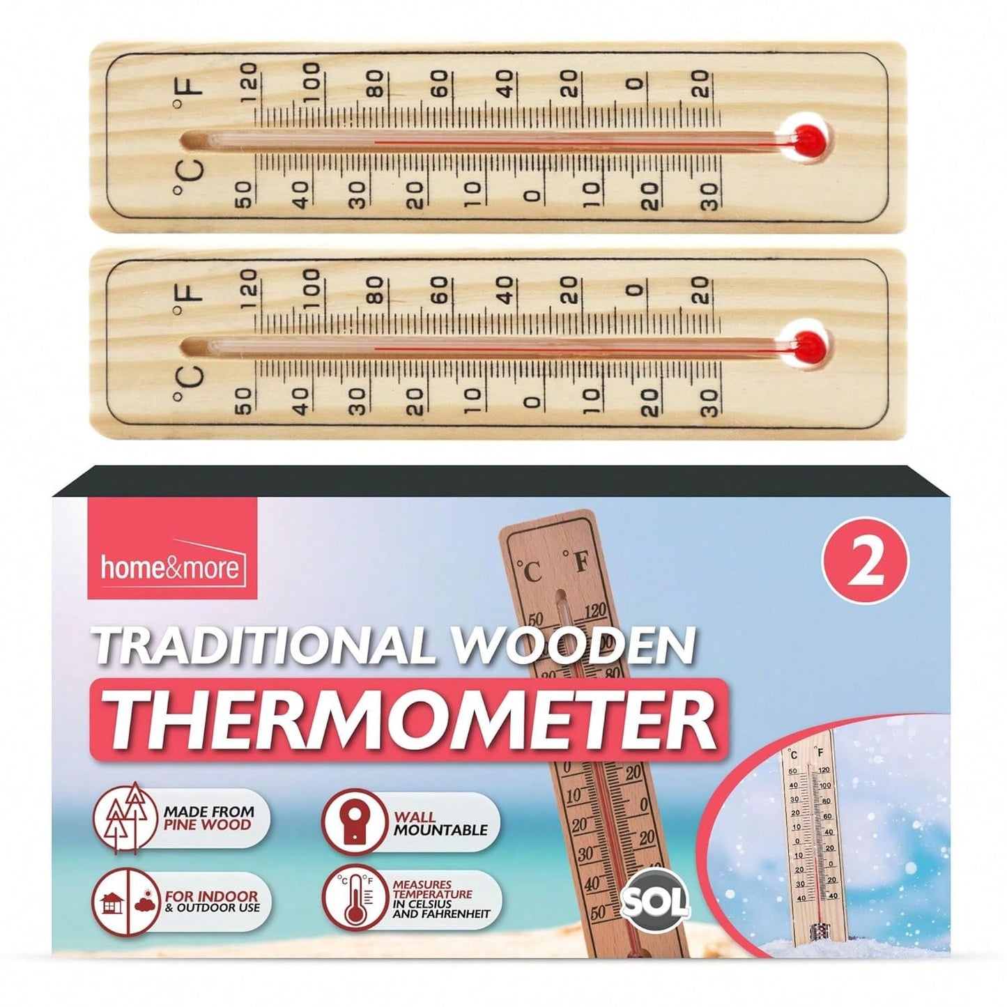 SOL 2pk Traditional Wooden Thermometer – Indoor & Outdoor Wall Temperature Gauge For Home, Garden, Greenhouse, Nursery, Office Or Patio – Accurate Wooden Thermometers For Room & Outdoor Monitoring