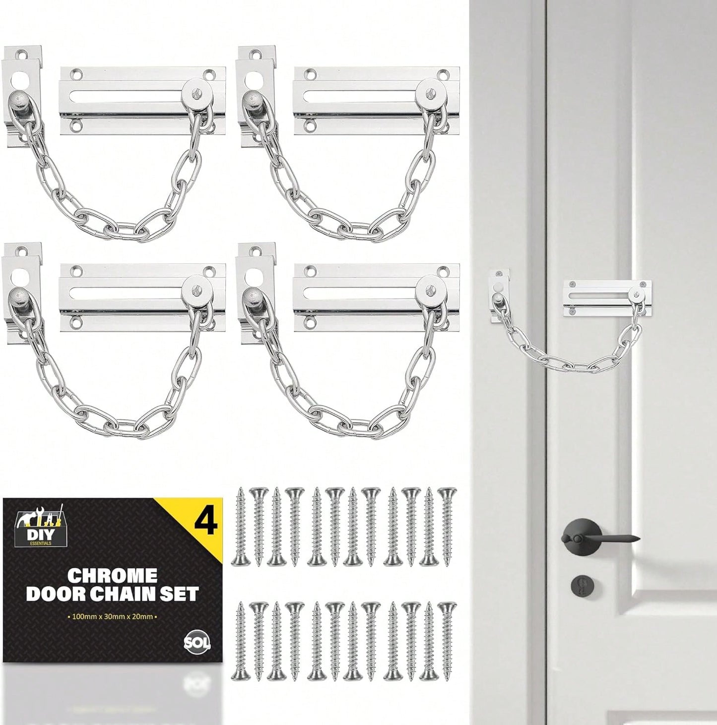 SOL 4pk Chrome Door Chain Kit – Restrictor For Front Door – Heavy-Duty Door Safety Chain Lock For Home Security, Added Protection, Peace Of Mind, Durable Metal Construction, And Easy Installation