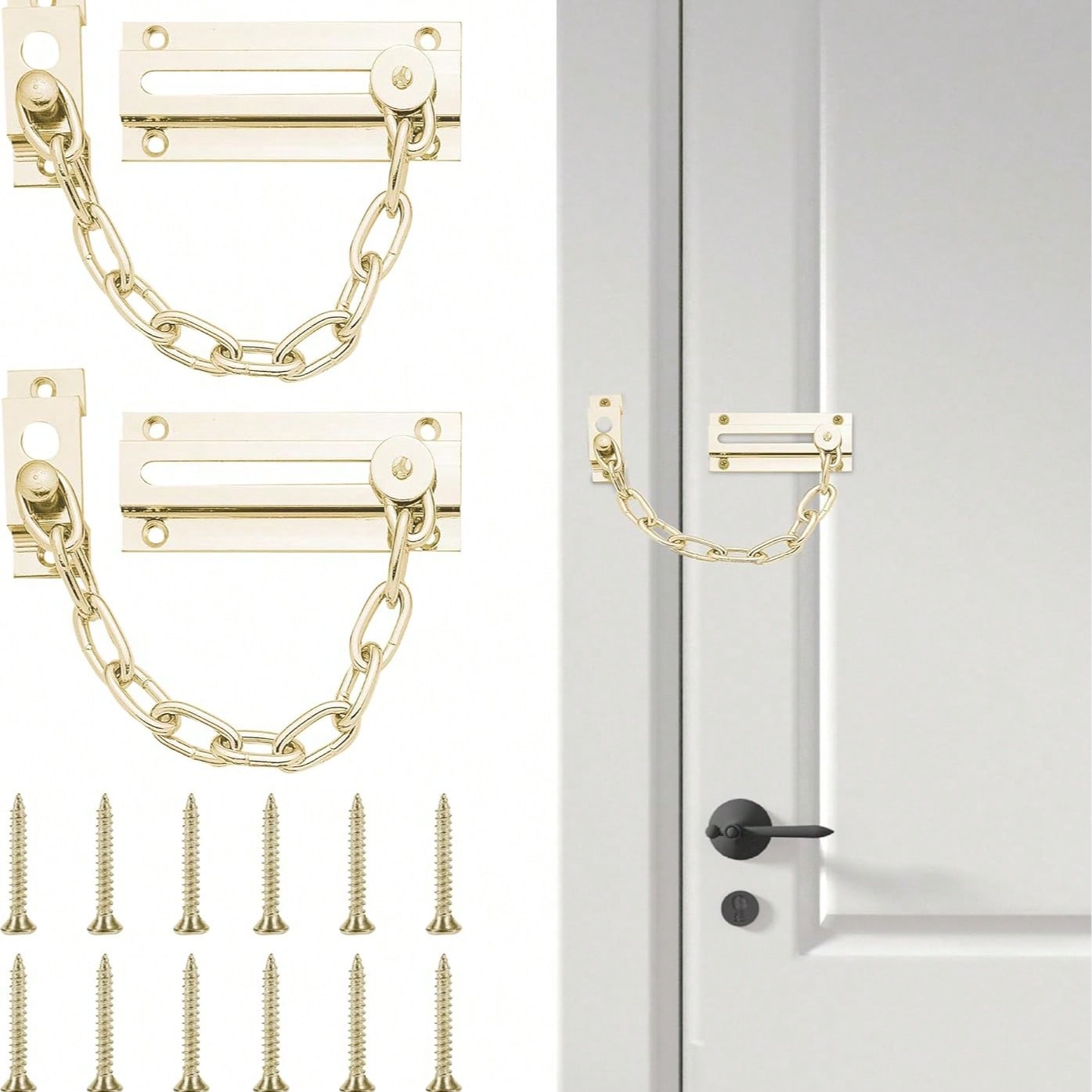 SOL 2pk Brass Door Chain Kit – Restrictor For Front Door – Heavy-Duty Door Safety Chain Lock For Home Security, Added Protection, Peace Of Mind, Durable Metal Construction, And Easy Installation