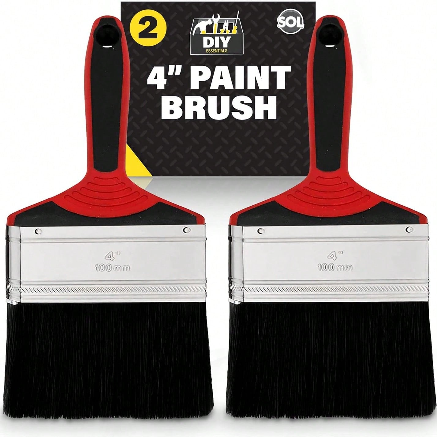 SOL 2pk 4" Paint Brush – Large Paint Brushes For Interior & Exterior Painting – Ideal For Fences, Decking, Sheds & Outdoor Use