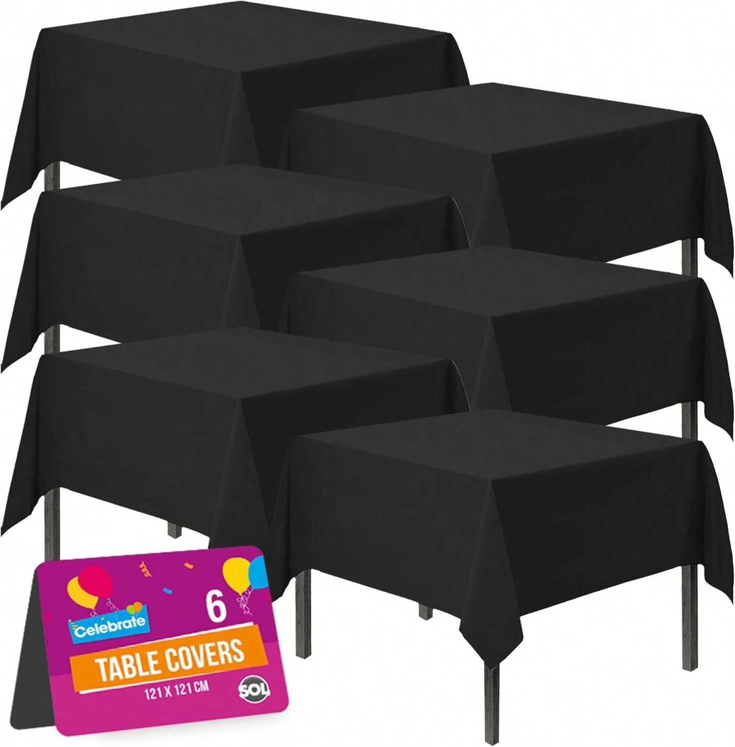 SOL 6pk Black Table Cloth Party 121x121cm Disposable Plastic Cover. Heavy Duty Spill Protection: Opaque Design For Halloween, Graduation, Birthdays, Weddings, Buffets Catering & Charity Events.