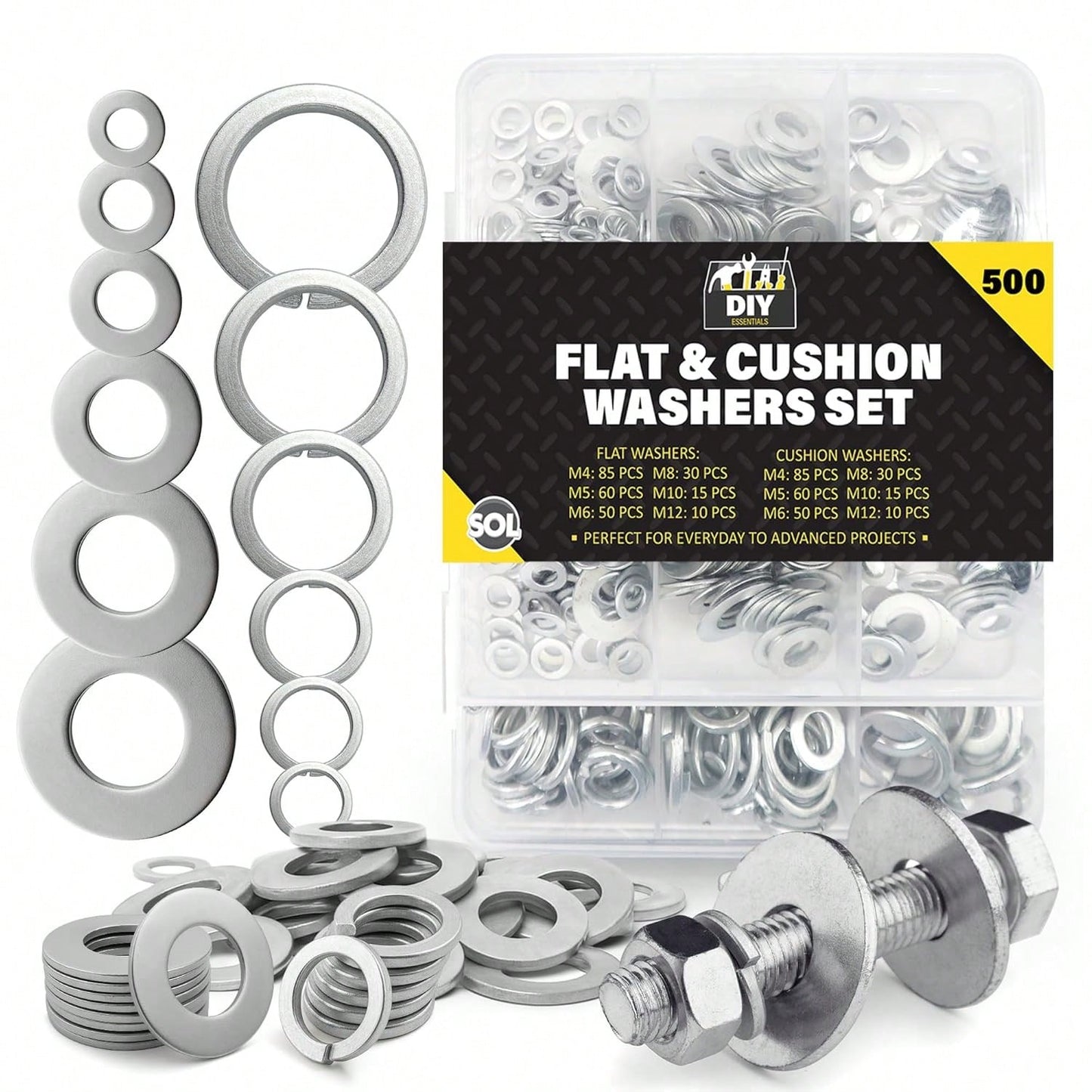 SOL 500pk Flat & Cushion Washers Set – Includes M4, M5, M6, M8, M10, M12 – Stainless Steel Spacers For Screws, Bolts, Nuts, DIY, Plumbing, Automotive, Machinery, Construction & Repair Projects