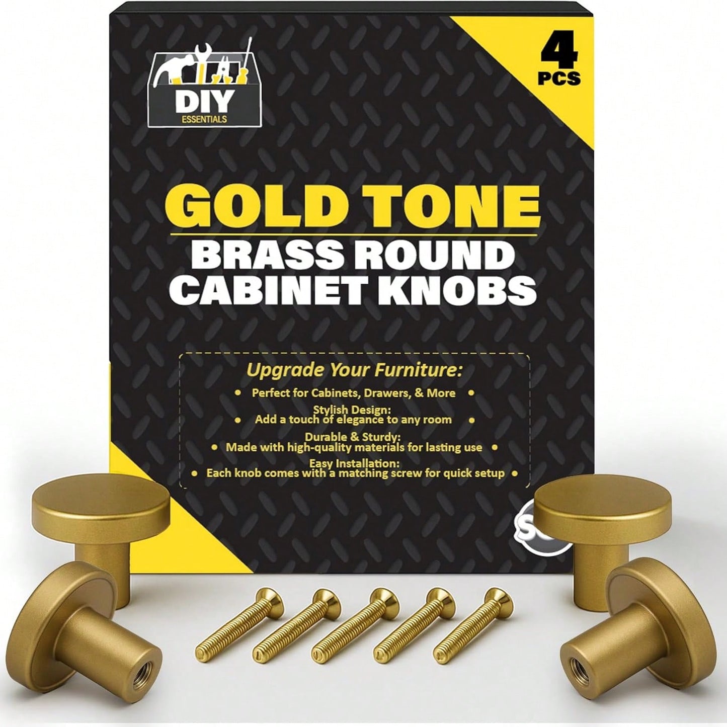 SOL 4pcs Gold Tone Brass Round Cabinet Knobs With Screws – Elegant Kitchen Cupboard Handles – Durable & Rust-Resistant Drawer Pulls – Classic Design For Wardrobes, Drawers & Furniture Restoration