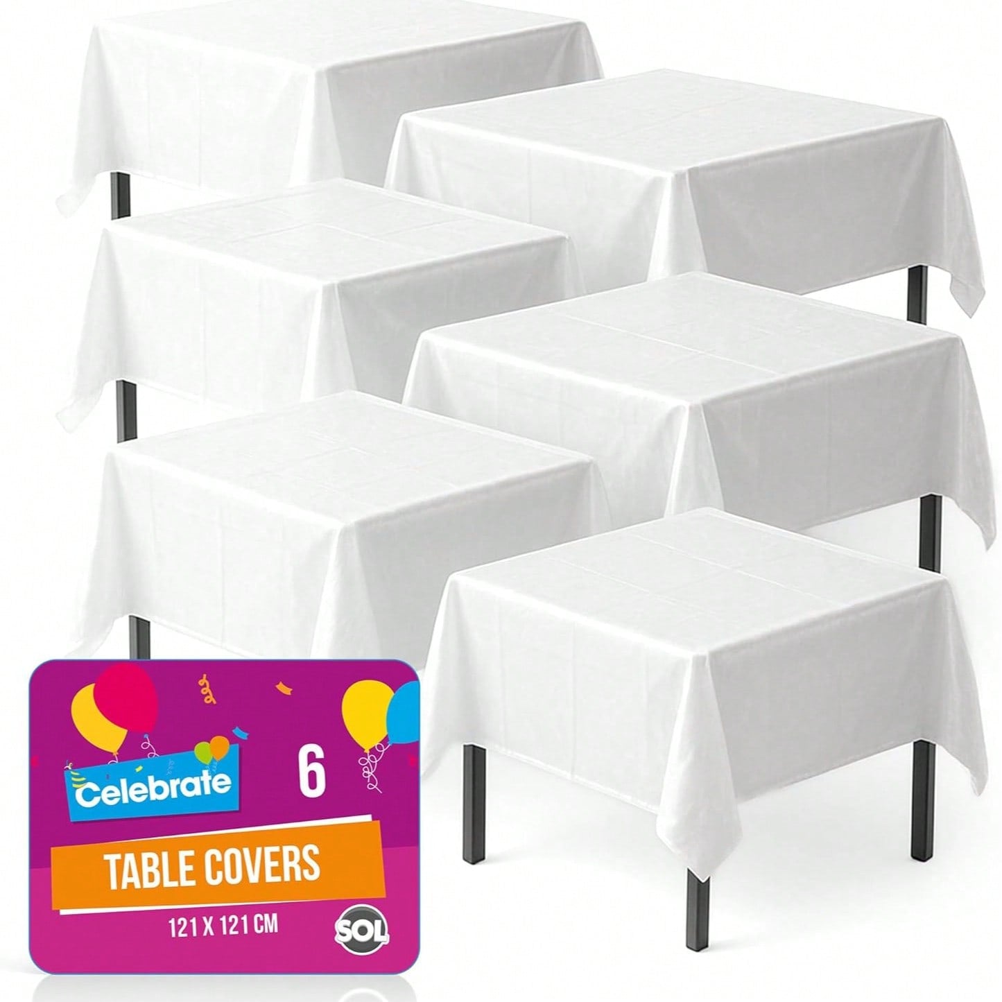 SOL 6pk White Table Cloth Party 121x121cm Plastic Cover Tablecloth Disposable For Parties - Heavy Duty Spill Protection - Opaque Design For Weddings, Buffets, Catering, Gender Reveals & Events