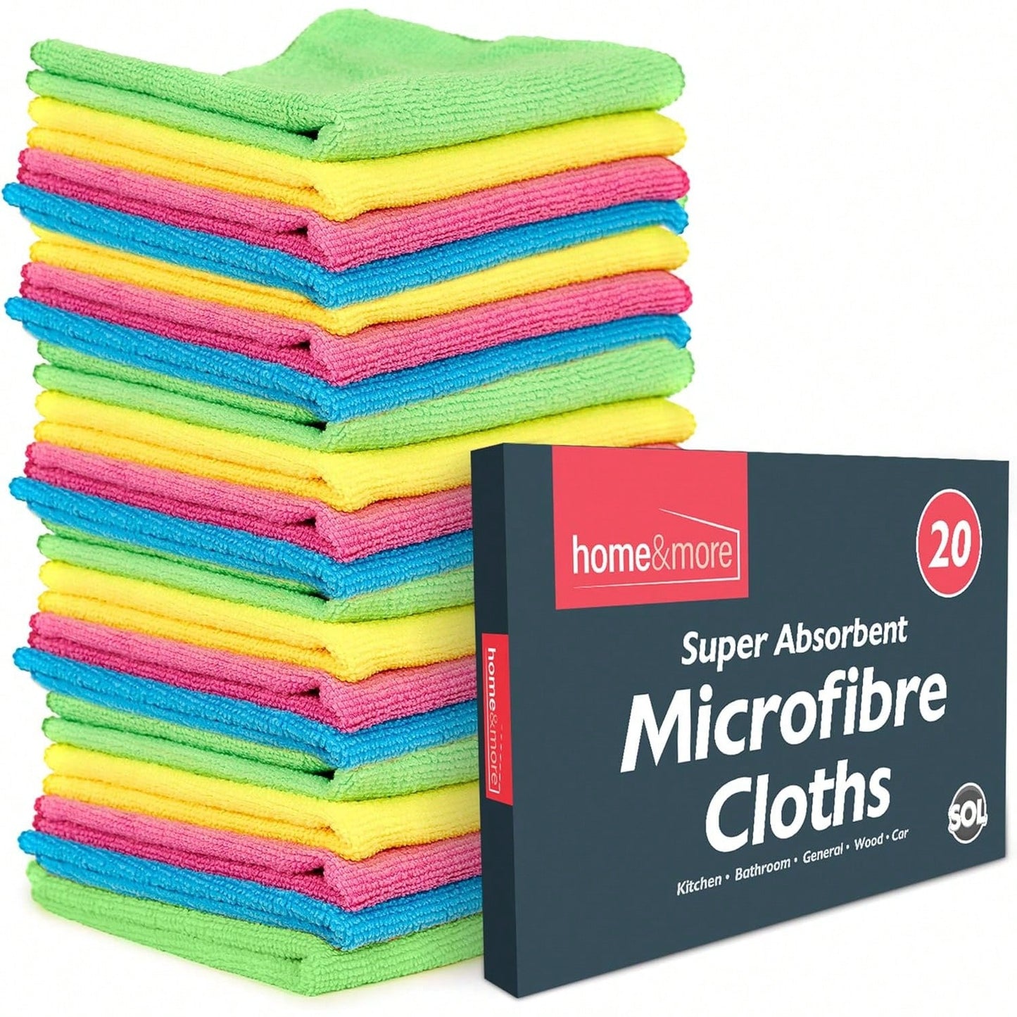 SOL 20pk Microfibre Cloths For Cleaning, 28x28cm Lint-Free Cleaning Cloths, Reusable, Quick-Drying, Perfect For Windows, Kitchens, Cars, Bathrooms & Professional Cleaning Tasks