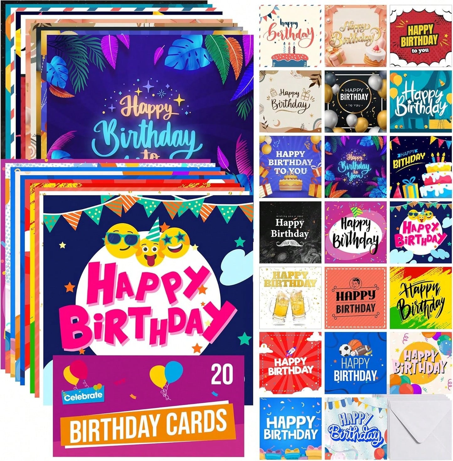 SOL 20pk Birthday Cards For Men Multipack & 20pcs Envelopes - 15x15cm Assorted Men Birthday Card - Thoughtful Messages, Durable, Elegant Designs, Perfect For Special Celebrations And Creating Memories