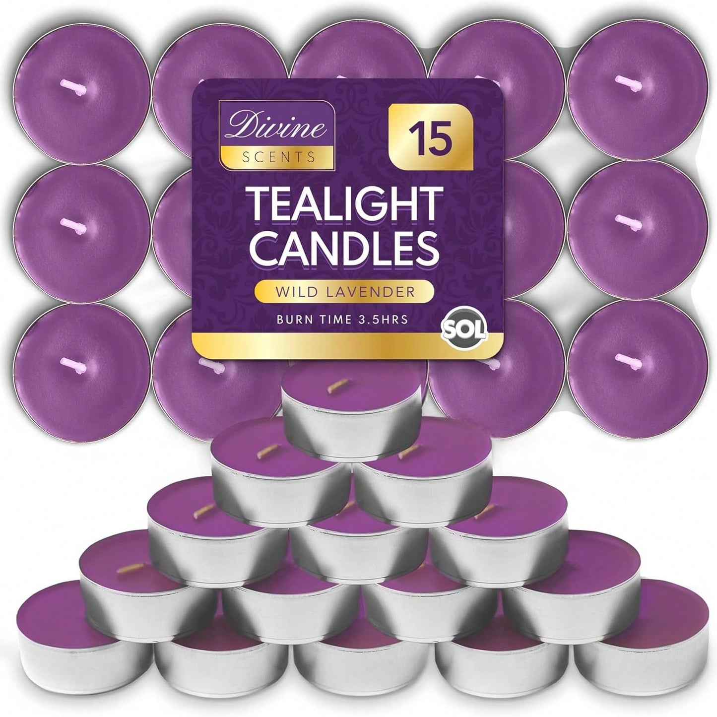 SOL 15pk Tea Light Candles Wild Lavenders – 3.5 Hour Burn Time, Scented Tea Lights Candles, Long-Lasting And Ideal Home Decor, Relaxation, Romantic Dinners, Weddings, Cosy Evenings & Special Occasion