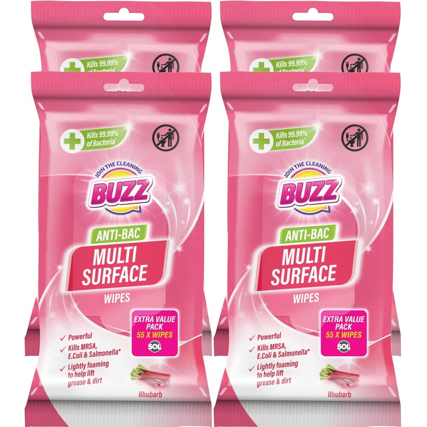 Buzz 220pk Anti-Bac Multisurface Wipes, 18cm X 19cm Rhubarb Scented Cleaning Wipes For Kitchen, Home & Office Surfaces, Multi-Purpose Surface Cleaner, Streak-Free, Quick-Drying, Remove Grease & Dirt