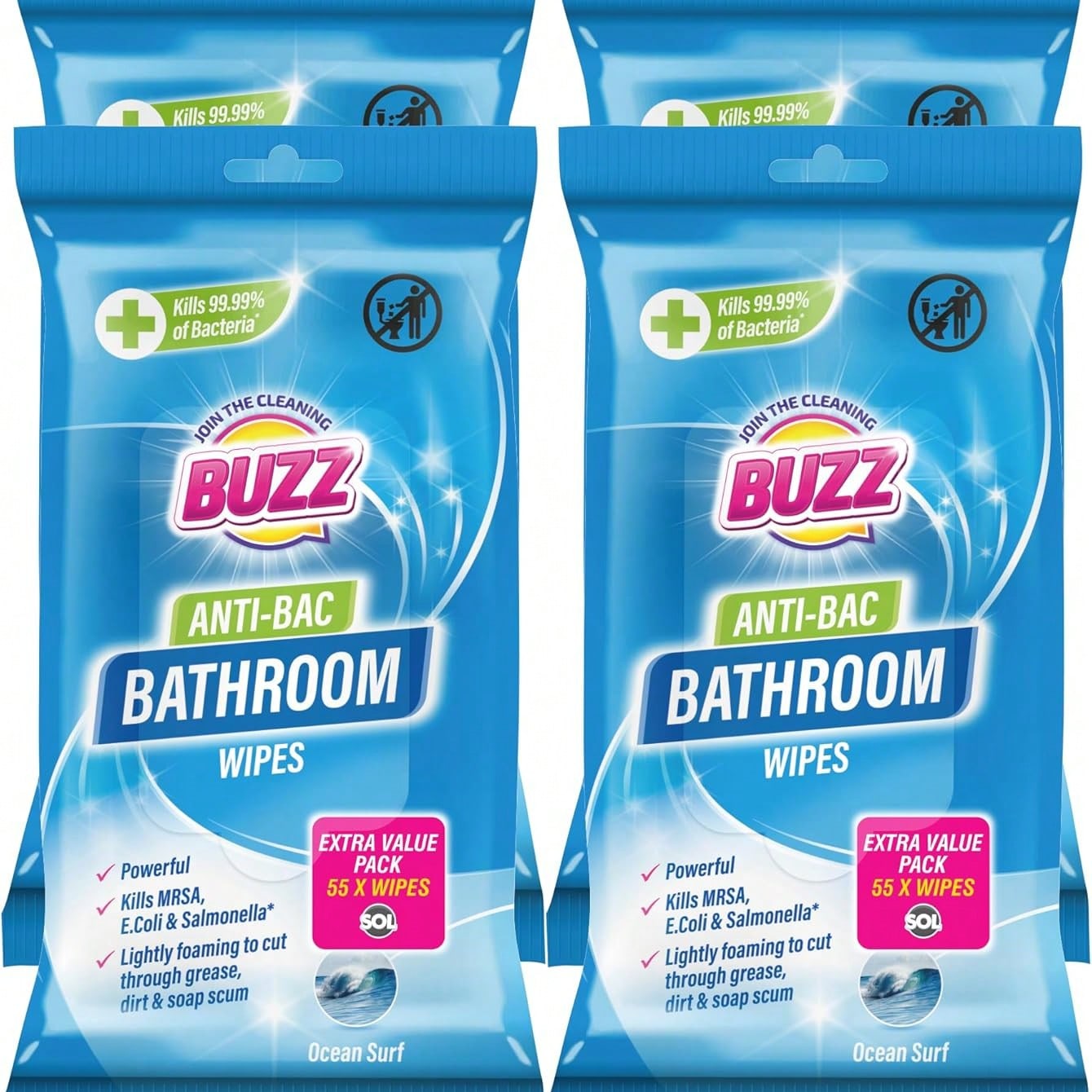 Buzz 220pk Bathroom Anti-Bac Wipes ,Ocean Scents Antibacterial Toilet Cleaning Sheets, Ultra-Strong Large Multi-Surface Cloths For Floors, Desk, Kitchen, Soap Scum Remover