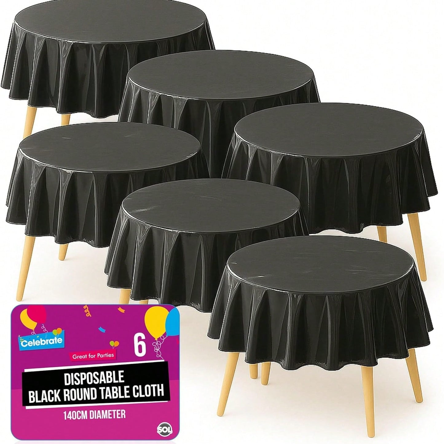 SOL 6pk Black Round Table Cloth Disposable 140cm Party Tablecloths For Circular Table - Durable Spill Protection - Perfect For Weddings, Buffets, Catering, Restaurants & Outdoor Events