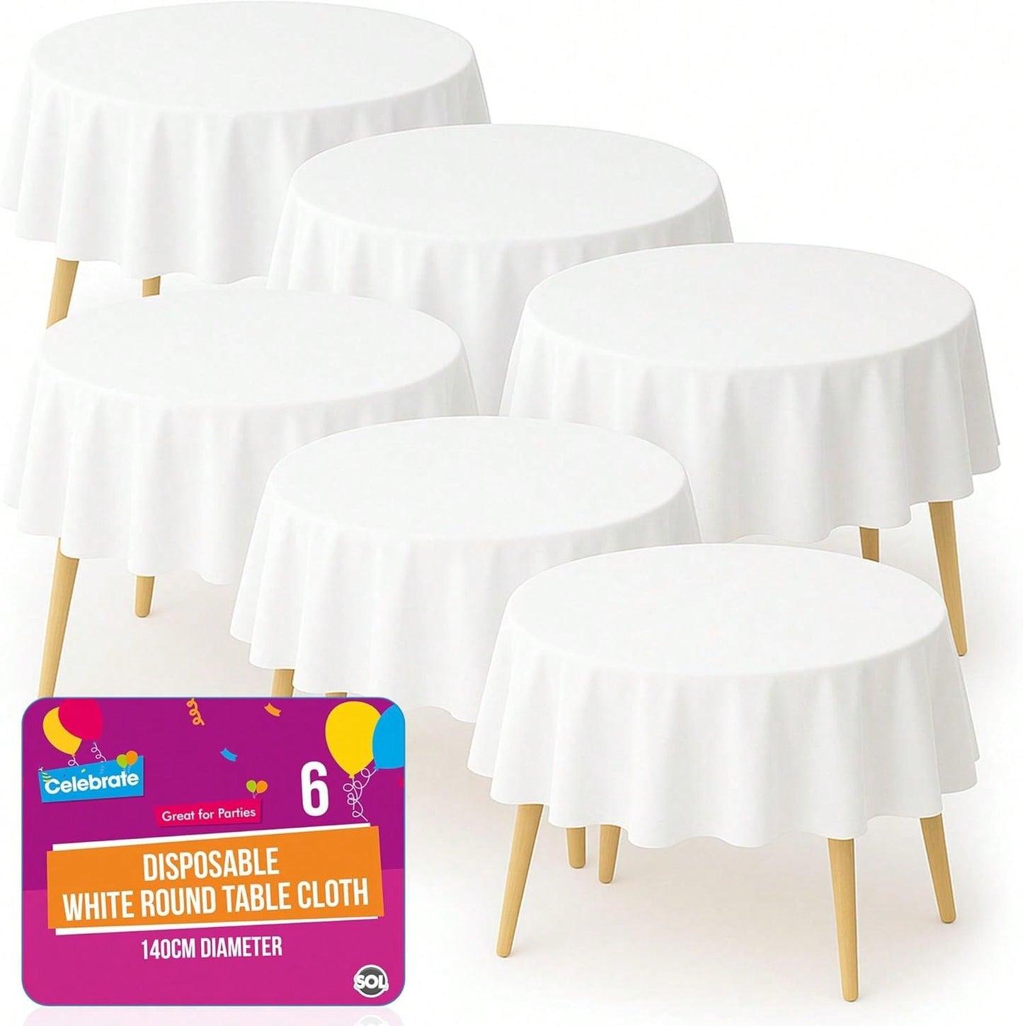 SOL 6pk White Round Table Cloth Disposable 140cm Party Tablecloths For Circular Table Cover - Durable Spill Protection - Perfect For Weddings, Buffets, Catering, Restaurants & Outdoor Events