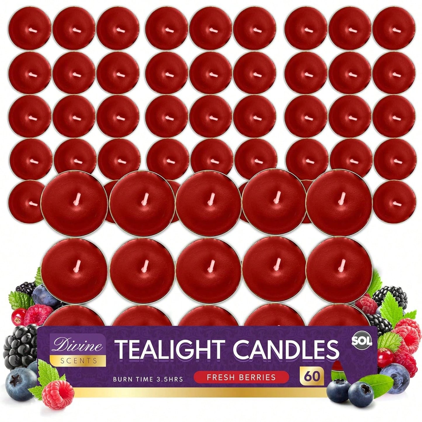 SOL 60pk Tea Light Candles Fresh Berries – 3.5 Hour Burn Time, Scented Tea Lights, Long-Lasting And Ideal For Home, Relaxation, Romantic Dinners, Weddings, Festive Decor, Cosy Evenings