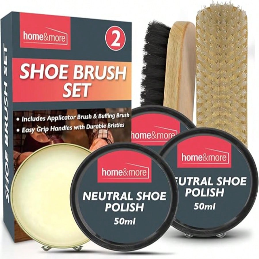 SOL 2pk Shoe Brush Set & 3 Neutral Shoe Polish – Leather Boot Polish Kit – Includes Soft & Stiff Brushes, 3 Wax Tins For Leather Shoe Care, Cleaning, Conditioning, Shine & Scuff Protection