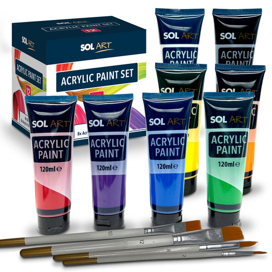 Acrylic Paint 120ml + Artists Brushes | Assorted Colours | 8 Pack