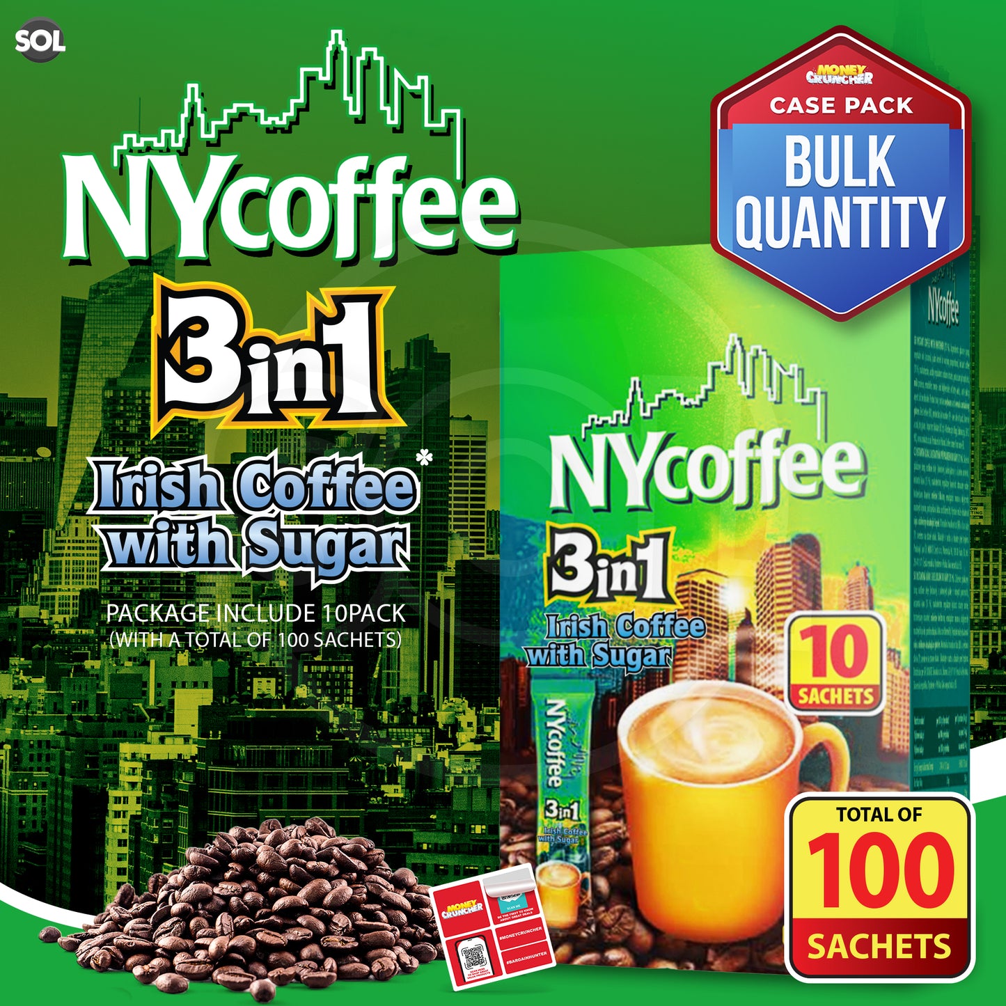Instant Coffee Sachets 3 in 1 Irish | Bulk Pack 100