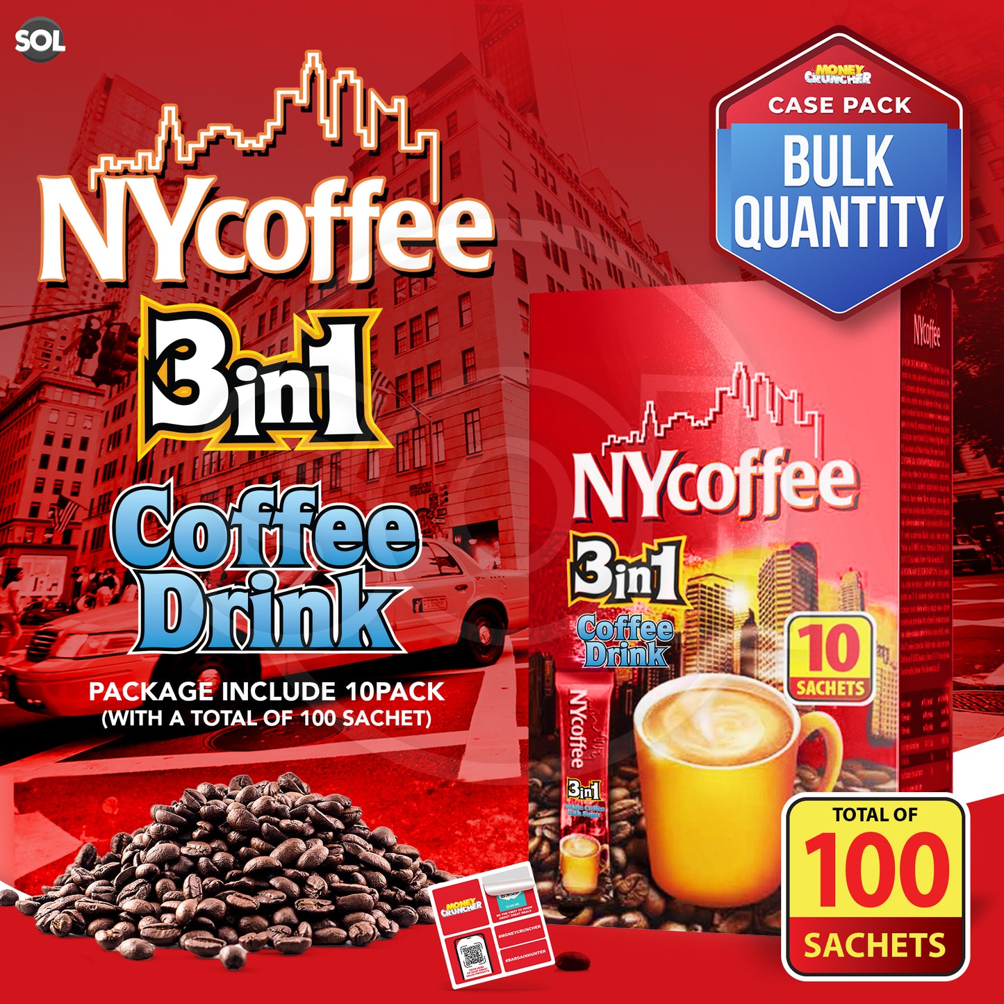NY Coffee 3 in 1 Instant White with Sugar 100 Sachets Sticks (10x10pk)