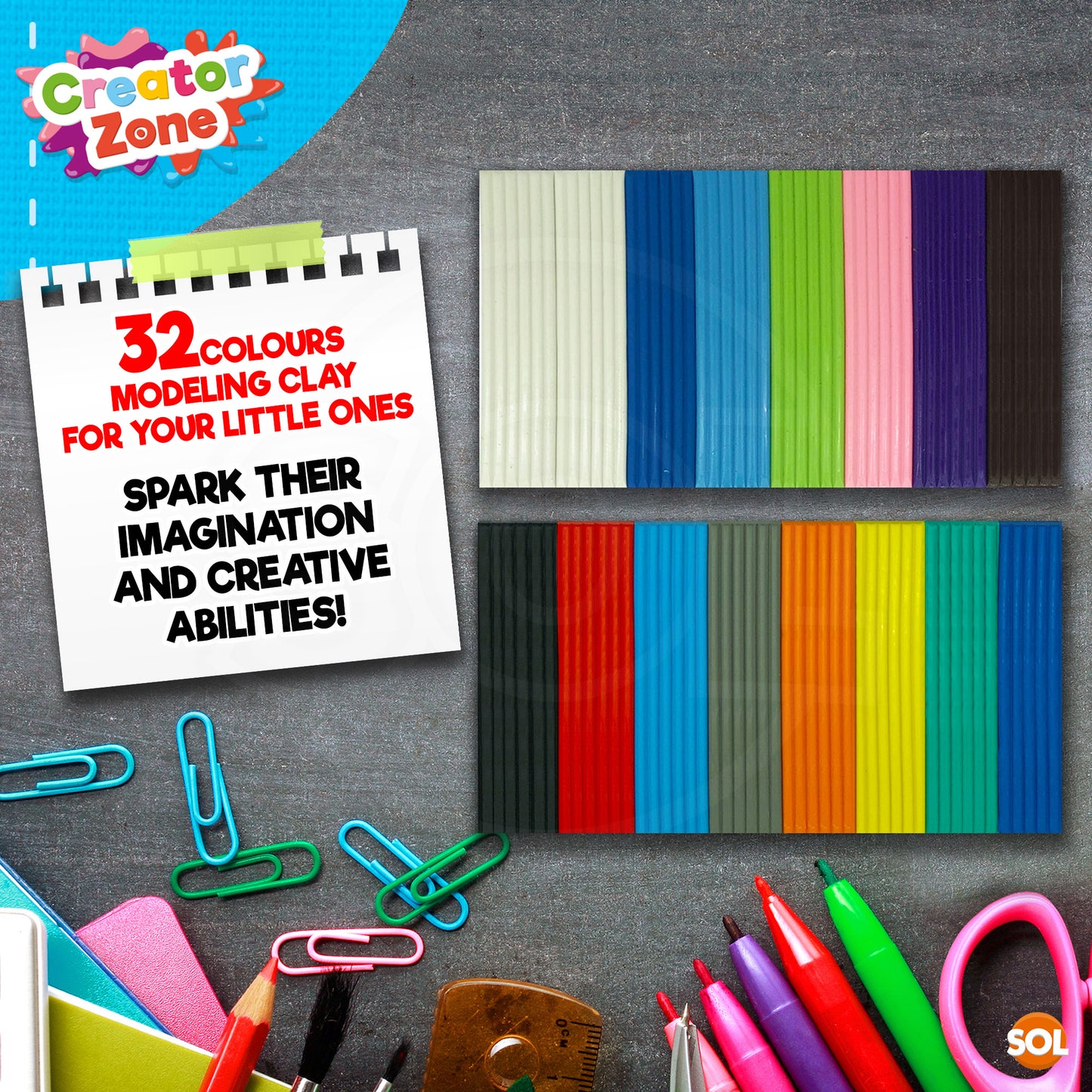 32-64pk Kids Modelling Clay Set 16 Colour Plasticine Putty Strips Children Craft