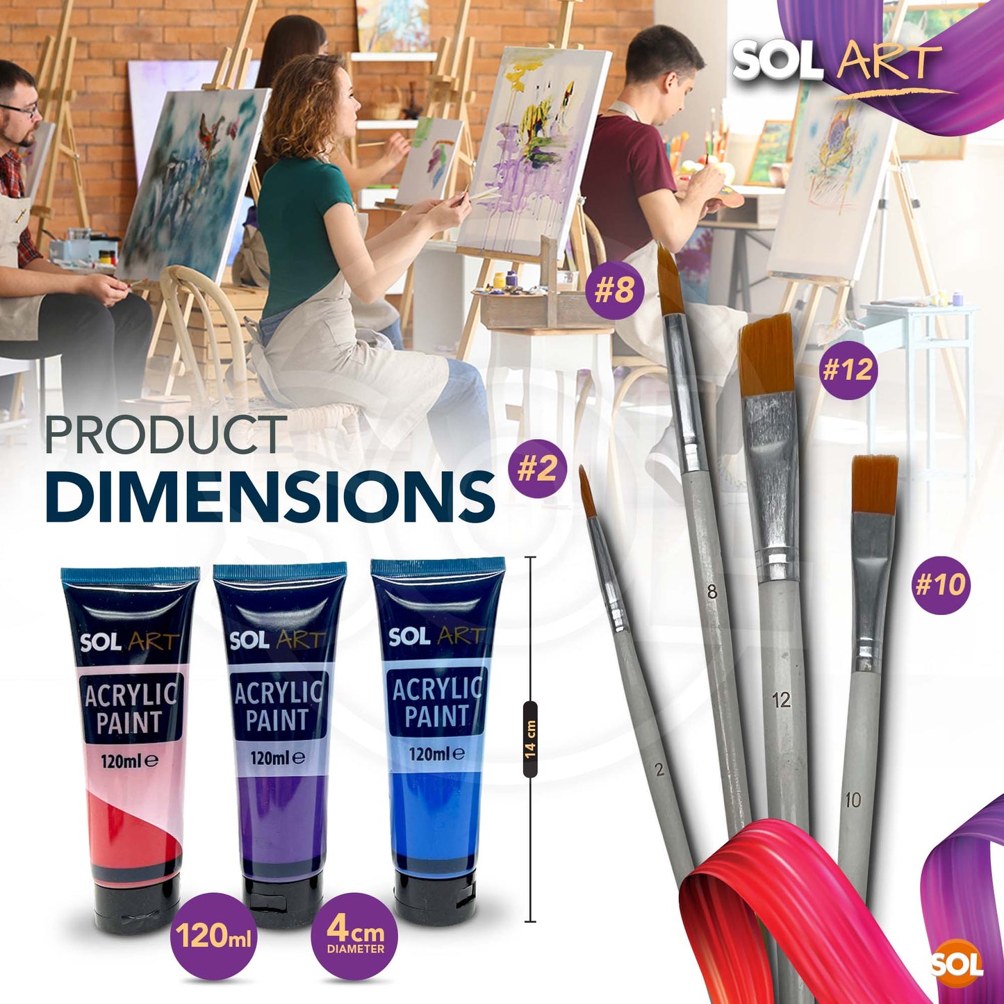 Acrylic Paint 120ml + Artists Brushes | Assorted Colours | 8 Pack