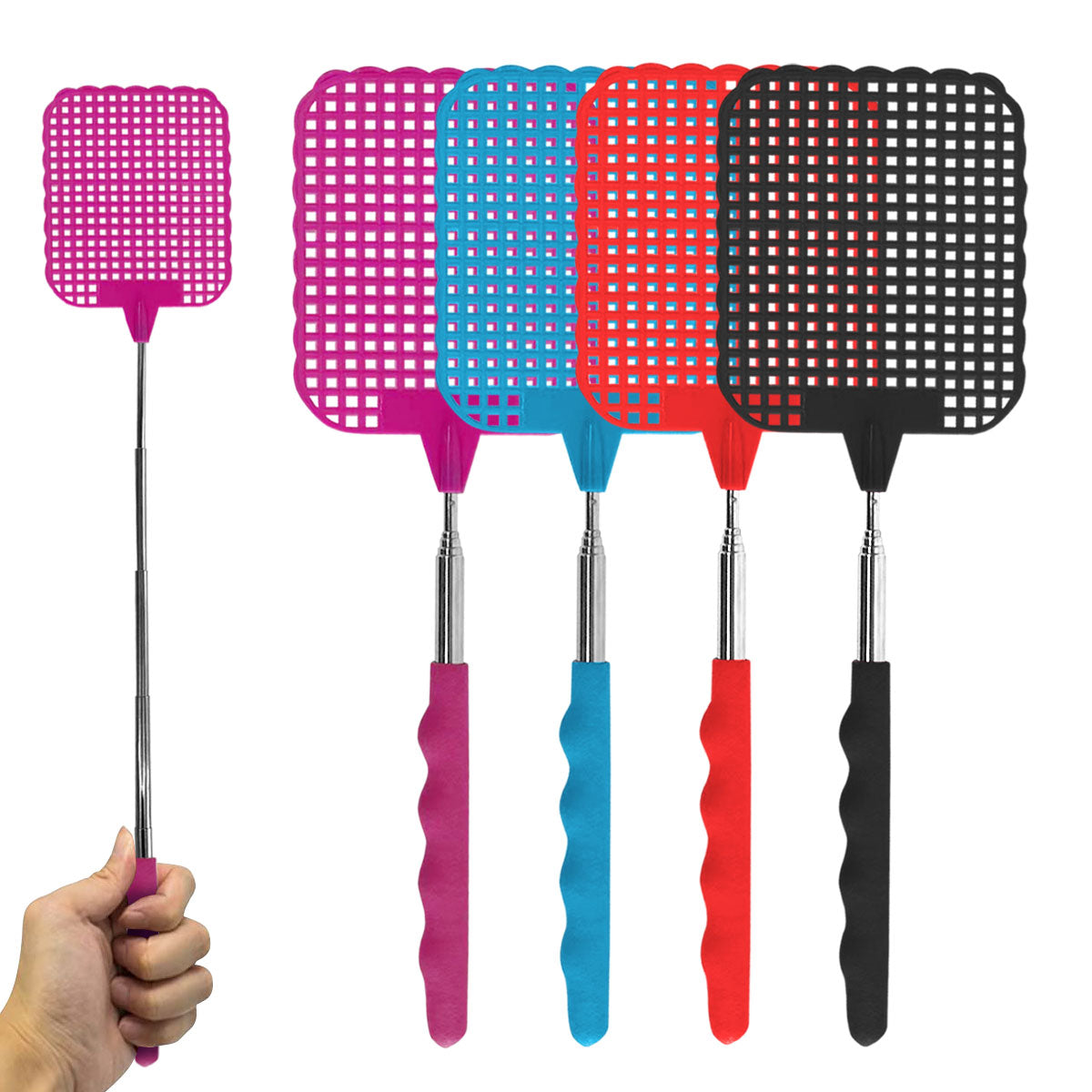 4pk Fly Swatter Telescopic Long Extendable 26-73cm Swat Bug Insect Mosquito Wasp