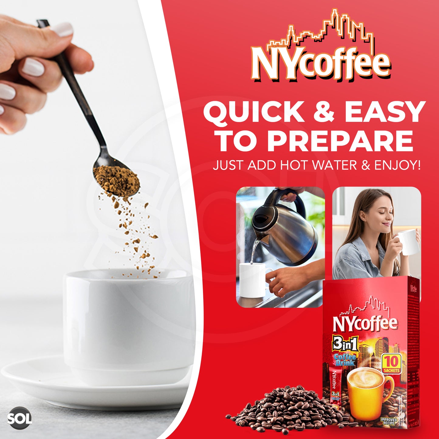 NY Coffee 3 in 1 Instant White with Sugar 100 Sachets Sticks (10x10pk)