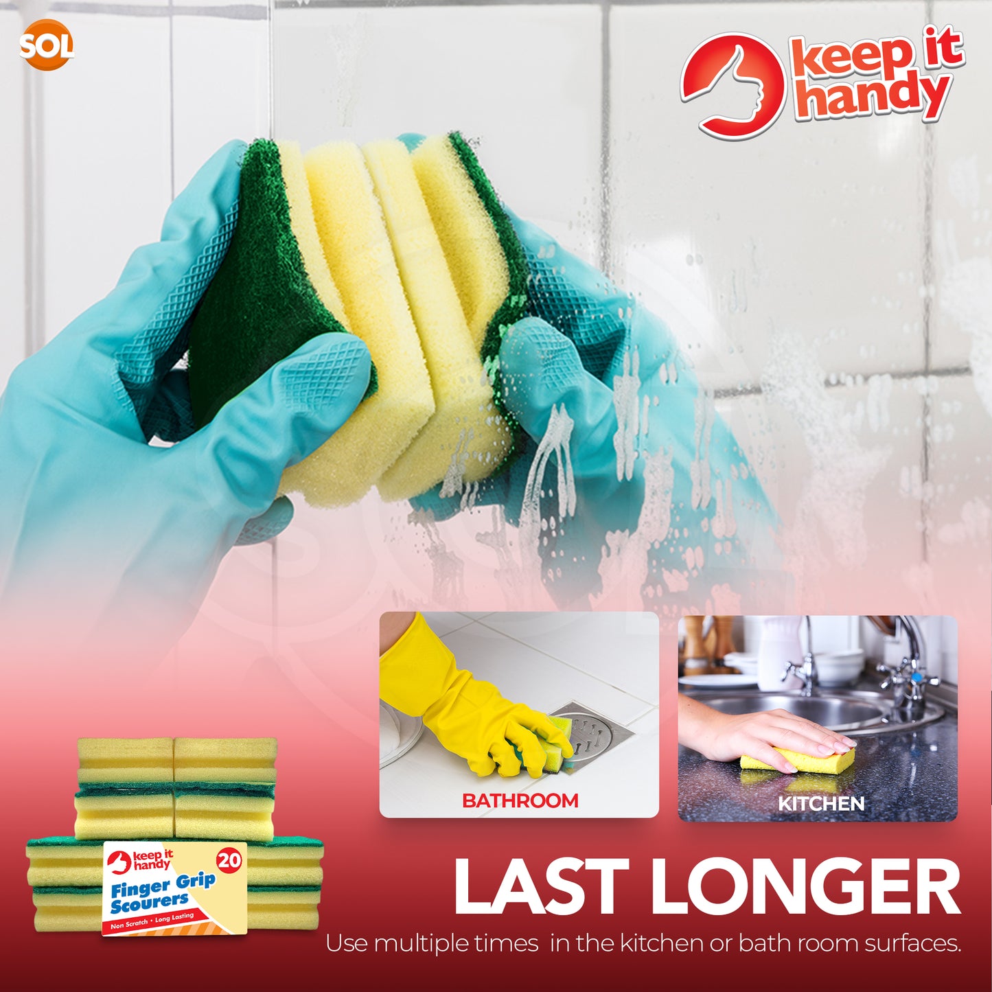 Heavy Duty Sponge Scourers | Finger Grip Kitchen Bathroom | 20 Pack