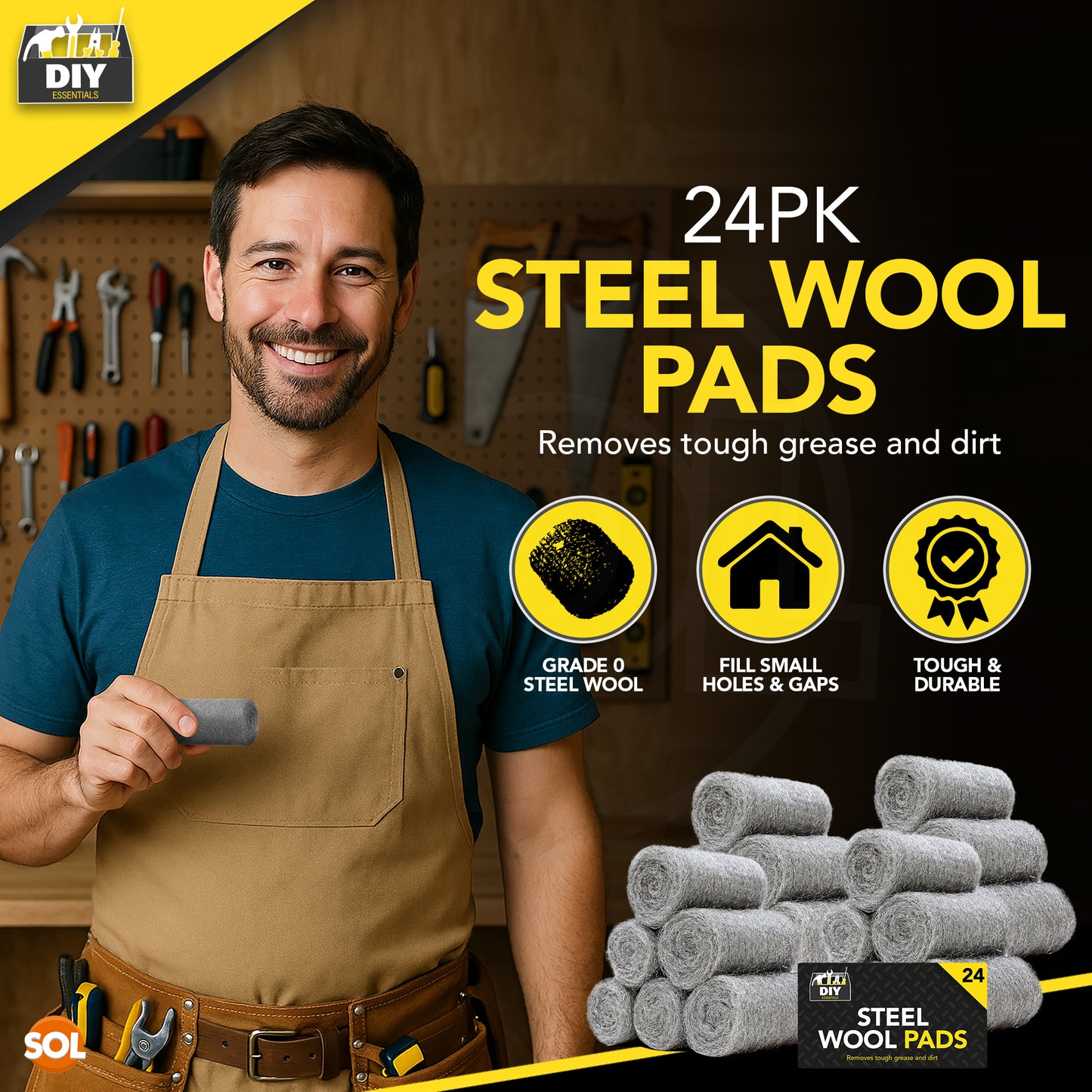 SOL 24pk Steel Wool Pads – Ultra Fine Grade 0000 Metal Scourers for Polishing, Rust Removal, Paint Prep – Versatile Scourers for Cleaning Wood, Metal, Furniture, Restoration and DIY Use
