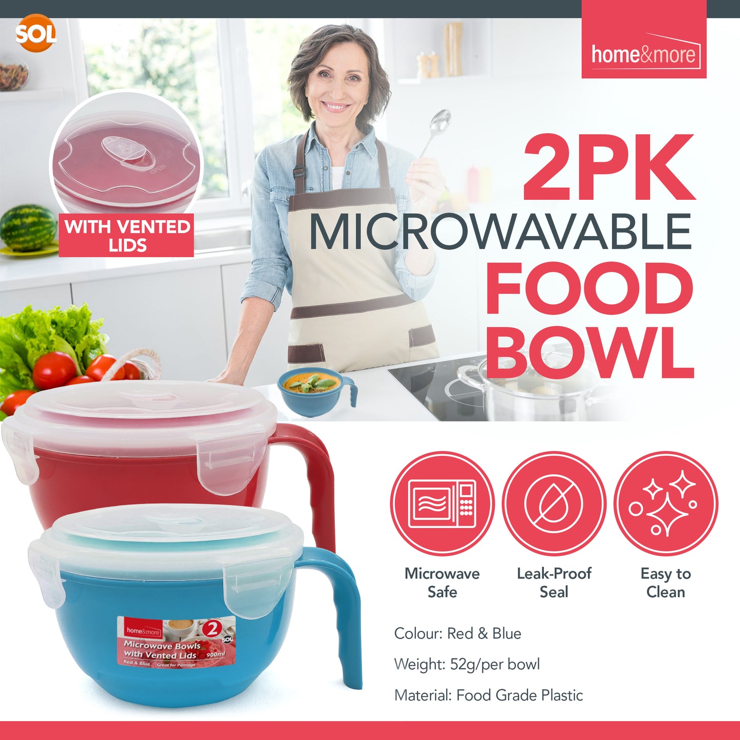 2-8pk Microwave Soup Bowl With Lid & Handle 900ml | Food Porridge Noodle Mug Cup