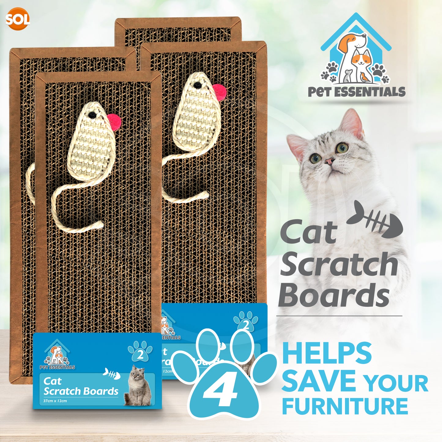 Cat Scratching Board 37.5x12cm | Reversible Cardboard | 4 Pack