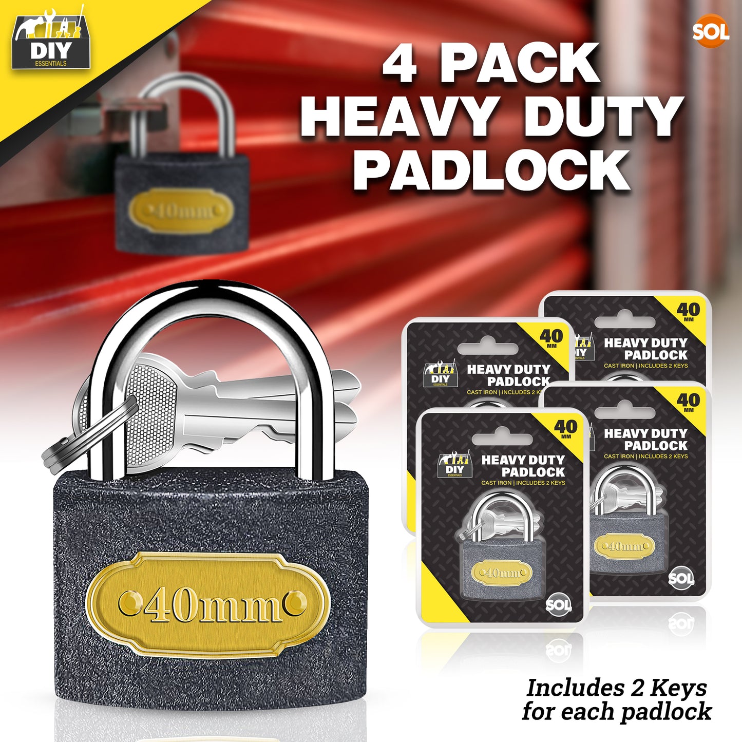 4/6pk Padlock 40mm Heavy Duty Iron Outdoor Shed Safety Security Shackle Lock 4 Key
